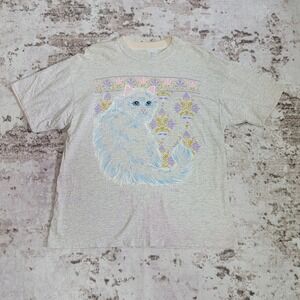 VTG 90s Persian Cat Graphic T-Shirt Glitter Single Stitch Made in USA L Retro
